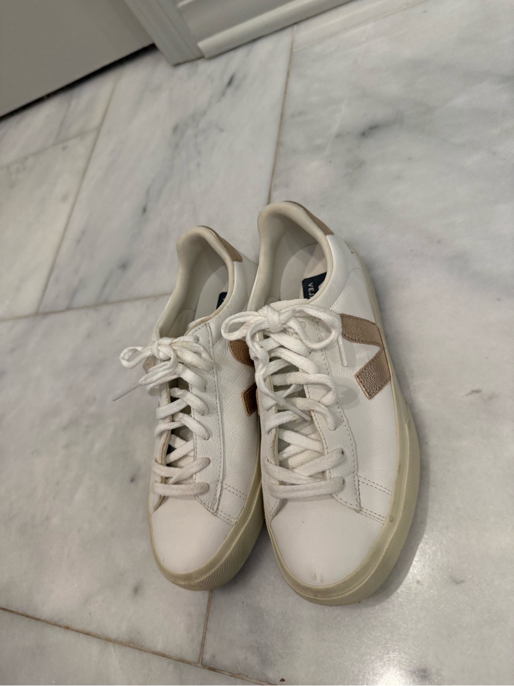 Veja White Leather Campo Sneakers with Gold V Logo. - Picture 3 of 5